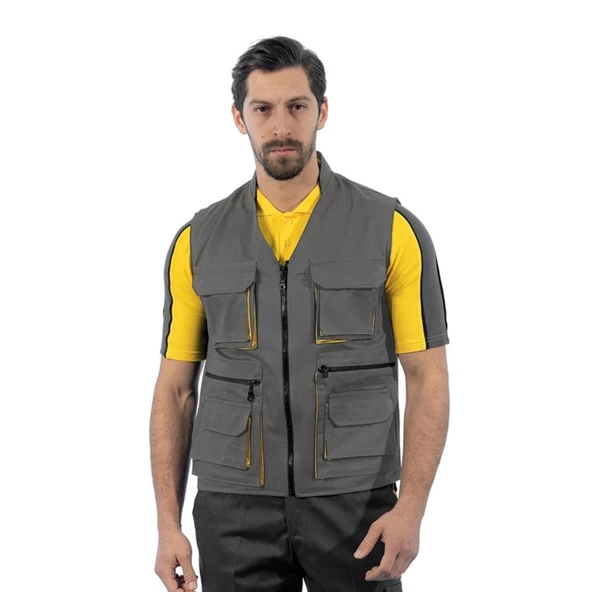 Şensel, Reflektörlü Çok Cepli Yelek, Gri-Sarı -118E1393-