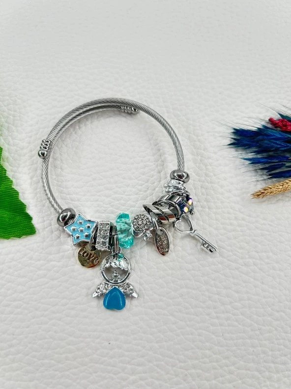 Kadın Charmlı Mavi Kalp Çelik Bileklik - Resim 3