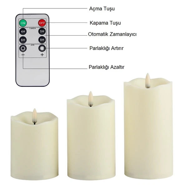 TriLine Alevsiz Titreyen LED Mum Büyük Boy 3lü Set Kumandalı - 2