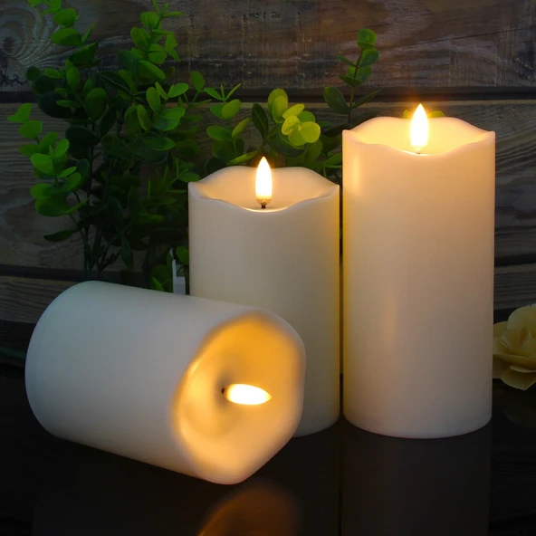 TriLine Alevsiz Titreyen LED Mum Büyük Boy 3lü Set Kumandalı - 6