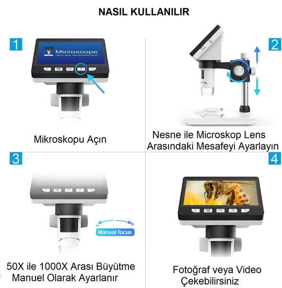 TriLine 1000X Dijital 1080P 4.3 inç LCD Ekranlı USB HD Mikroskop - 5