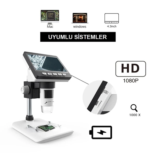 TriLine 1000X Dijital 1080P 4.3 inç LCD Ekranlı USB HD Mikroskop - Resim 4