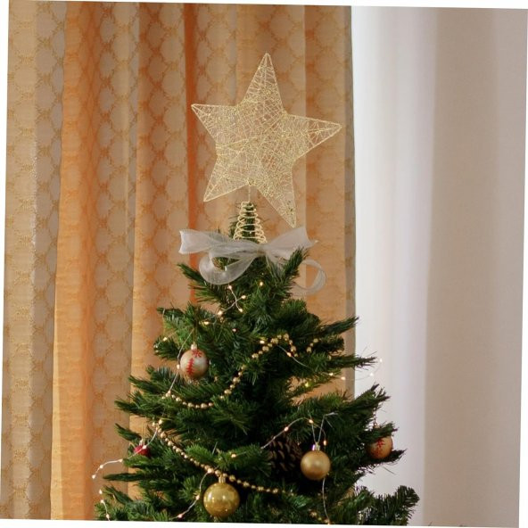 Yılbaşı Çam Ağacı Tepeliği Yıldızı Simli Yaylı Metal Gold 27 cm - Resim 2