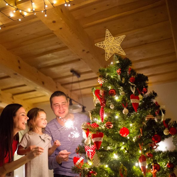 Yılbaşı Çam Ağacı Tepeliği Yıldızı Simli Yaylı Metal Gold 27 cm - Resim 4