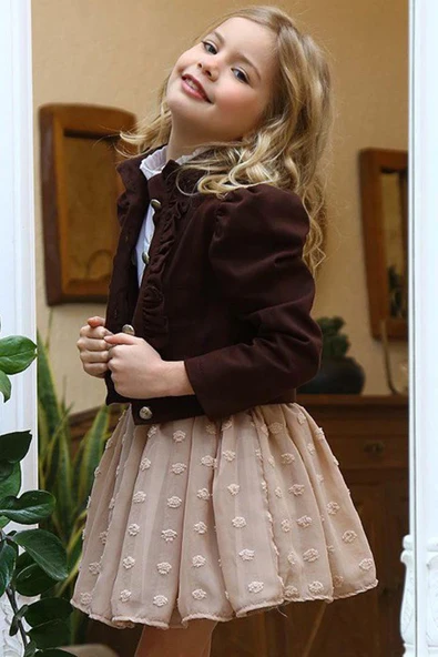 Kız Çocuk Puantiyeli Etek ve Denim Ceketli Kahverengi Etekli Takım - Resim 6