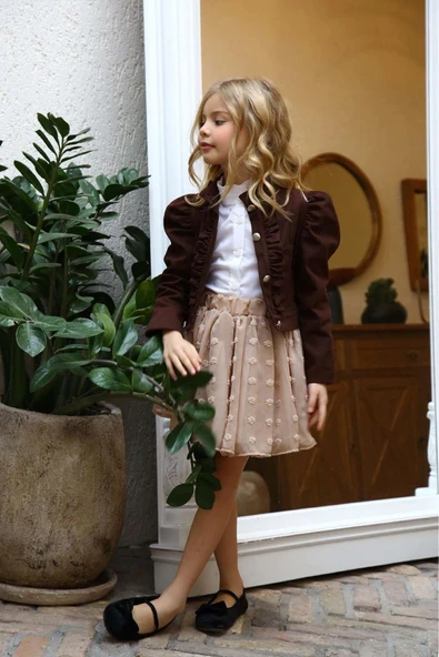 Kız Çocuk Puantiyeli Etek ve Denim Ceketli Kahverengi Etekli Takım - Resim 4