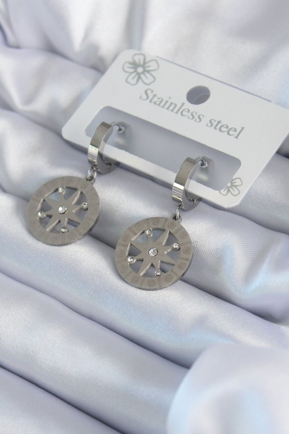 316L Çelik Gümüş Renk Kutup Yıldızı Model Zirkon Taş İşleme Detay Kadın Küpe ürün görseli