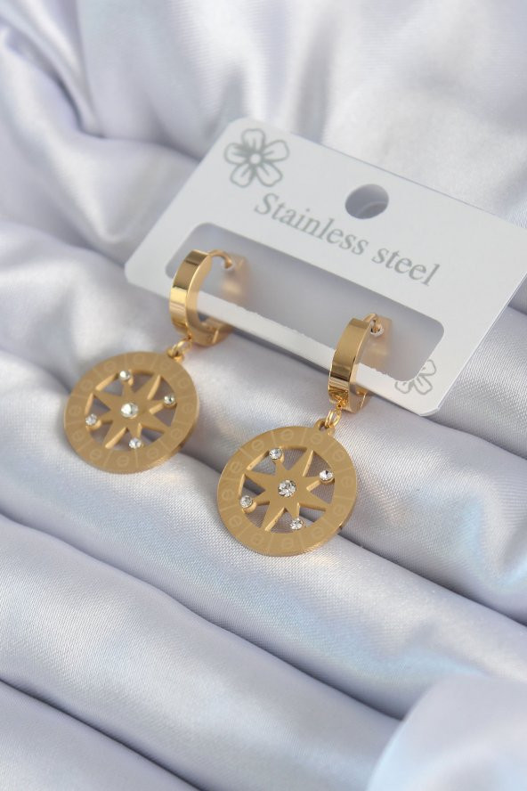 316L Çelik Gold Renk Kutup Yıldızı Model İşleme Detay Zirkon Taşlı Kadın Küpe ürün görseli