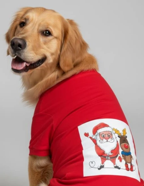 Santa and Friend Rudolph Orta ve Büyük Irk Köpek Tişörtü Yılbaşı Noel - Resim 5