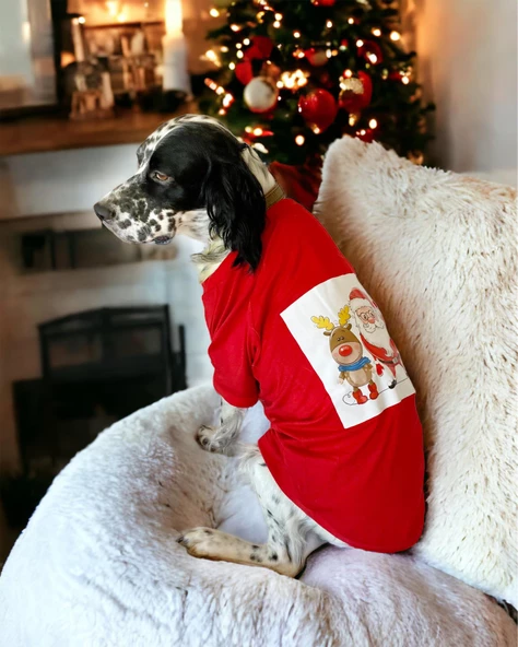 Santa and Friend Rudolph Orta ve Büyük Irk Köpek Tişörtü Yılbaşı Noel - 2