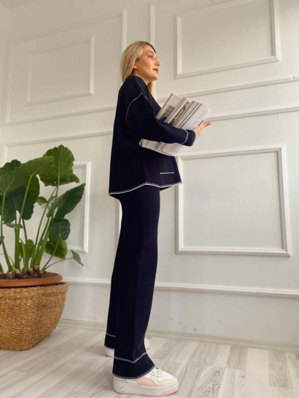 Kadın Çoban Dikişli Hırka-Pantolon Takım Siyah-Ekru - 4