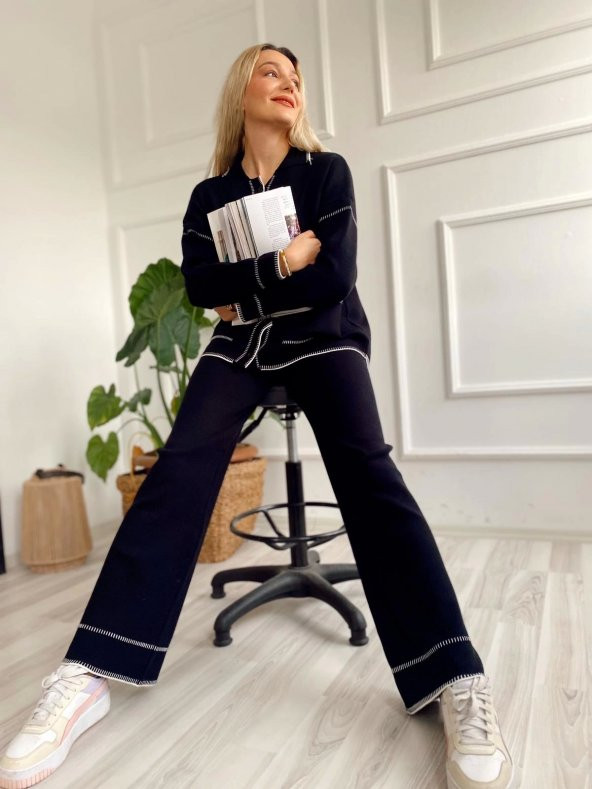 Kadın Çoban Dikişli Hırka-Pantolon Takım Siyah-Ekru - 5