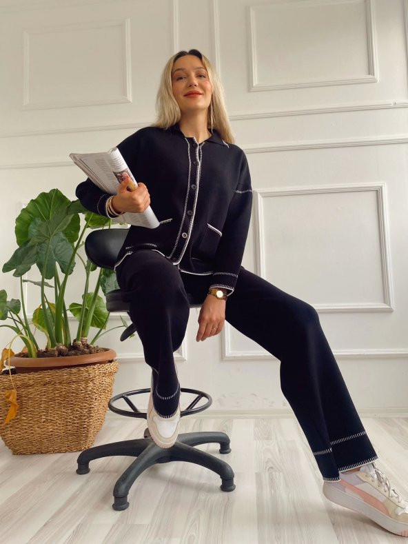 Kadın Çoban Dikişli Hırka-Pantolon Takım Siyah-Ekru - 7