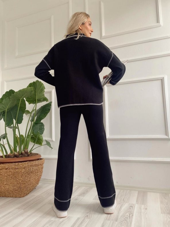 Kadın Çoban Dikişli Hırka-Pantolon Takım Siyah-Ekru - 8