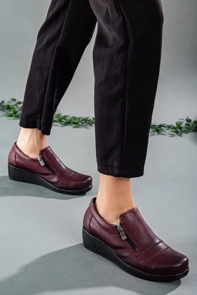 Fermuarlı Cilt Bordo Kadın Günlük Dolgu Taban Ayakkabı - Resim 2
