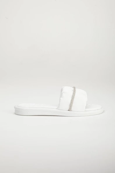 Cilt Büzgülü Taşlı Beyaz Kadın Düz Topuk Terlik - Resim 3