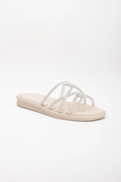 Örgü Taşlı Cilt Ortopedik Bej Kadın Düz Taban Terlik - Resim 4