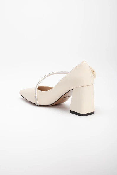 saten Çapraz Taş Detaylı Ten Kadın Kalın Topuk Stiletto - Resim 5