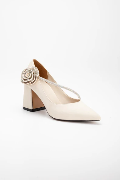 saten Çapraz Taş Detaylı Ten Kadın Kalın Topuk Stiletto - Resim 4