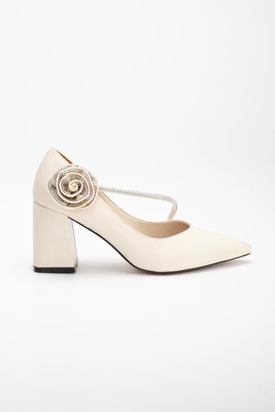 saten Çapraz Taş Detaylı Ten Kadın Kalın Topuk Stiletto - Resim 3