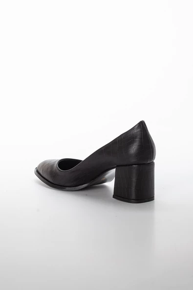 Büyük Numara Kroko Cilt Siyah Kadın Topuklu Ayakkabı - Resim 4