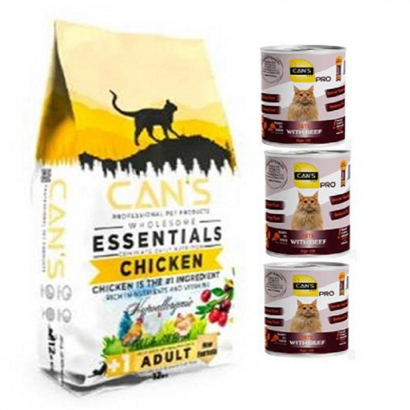 Cans Cat Adult Yetişkin Kedi Maması 12 Kg Tavuk Etli + 3 Adet Konserve Hediyeli