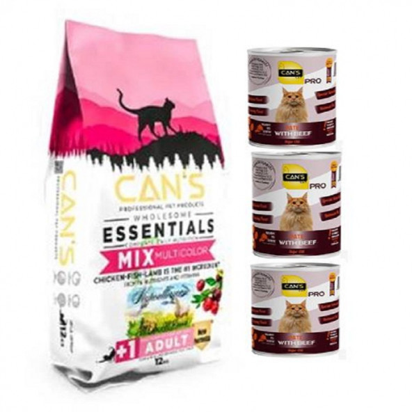 Cans Cat Adult Yetişkin Kedi Maması Gourme Mix 12 Kg Tavuk-Balık-Kuzu' lu + 3 Adet Konserve Hediyeli