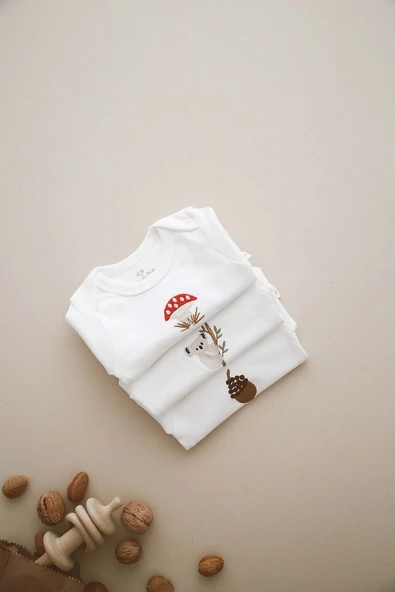 3lü Nakışlı Çıt Çıtlı Uzun Kollu Body-zıbın Model 1 - 4