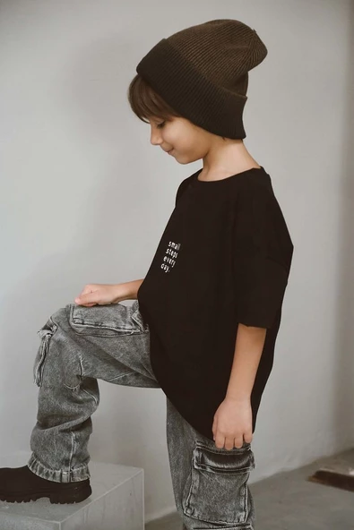 Bisiklet Yaka Nakışlı Oversize T-shirt Bebek Çocuk - 4