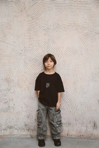 Bisiklet Yaka Nakışlı Oversize T-shirt Bebek Çocuk - 3
