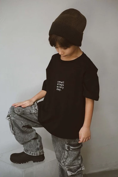 Bisiklet Yaka Nakışlı Oversize T-shirt Bebek Çocuk - 2