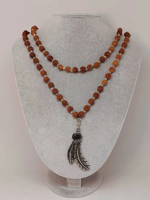 Rudraksha Tohumlu 108lik El Yapımı Kuş Tüyü Sembollü Mala Kolye ürün görseli