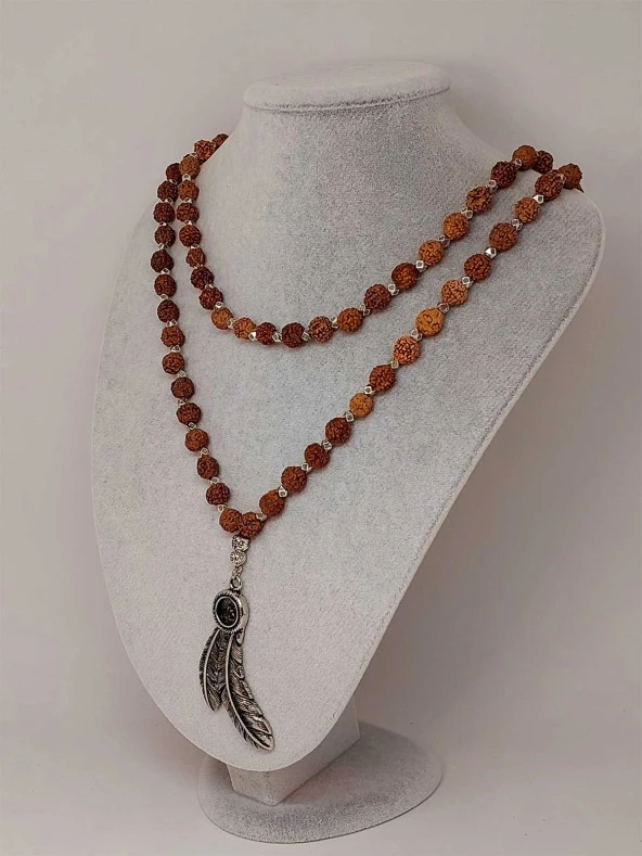 Rudraksha Tohumlu 108lik El Yapımı Kuş Tüyü Sembollü Mala Kolye - Resim 2