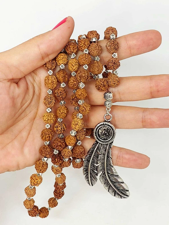 Rudraksha Tohumlu 108lik El Yapımı Kuş Tüyü Sembollü Mala Kolye - Resim 4