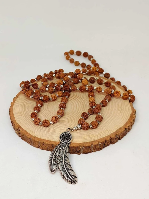 Rudraksha Tohumlu 108lik El Yapımı Kuş Tüyü Sembollü Mala Kolye - Resim 5