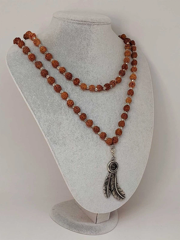 Rudraksha Tohumlu 108lik El Yapımı Kuş Tüyü Sembollü Mala Kolye - Resim 3