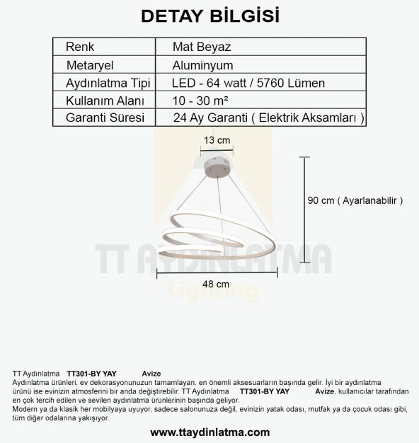 TT Aydınlatma TT301-BY  Yay Modeli Mat Beyaz Led Avize - Resim 5