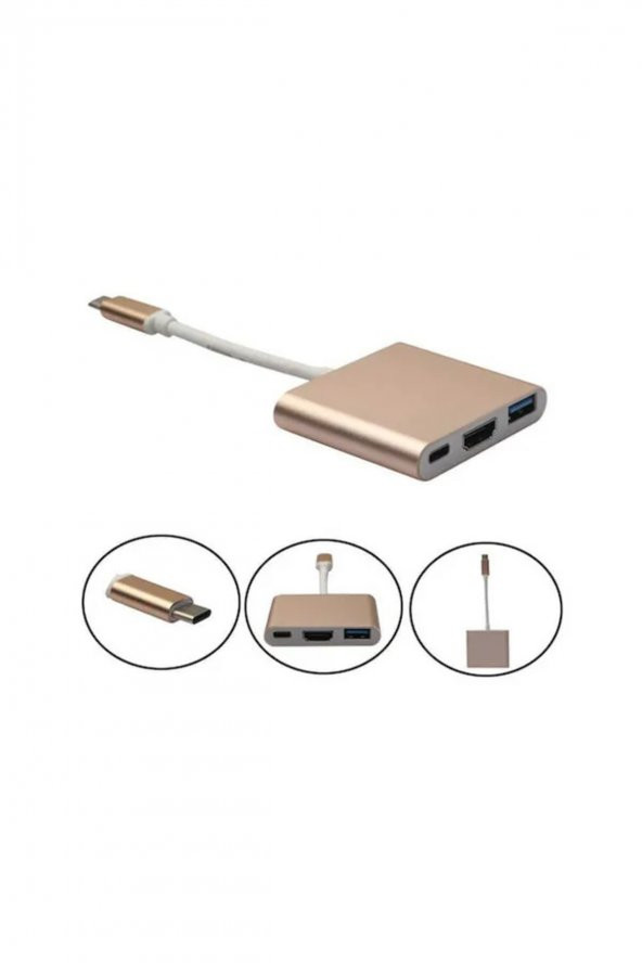 BASTORE Apple Macbook USB 3.1 Type-C to HDMI + USB 3.0 Çevirici Dönüştürücü Kablo Gold