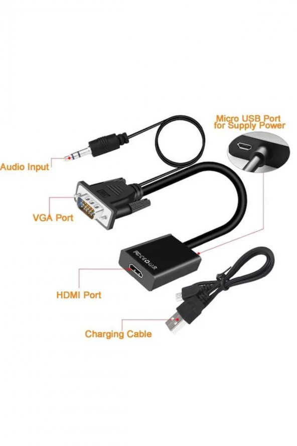 BASTORE Vga Hdmi Çevirici Dönüştürücü Kablo Ses Destekli Vga To Hdmi