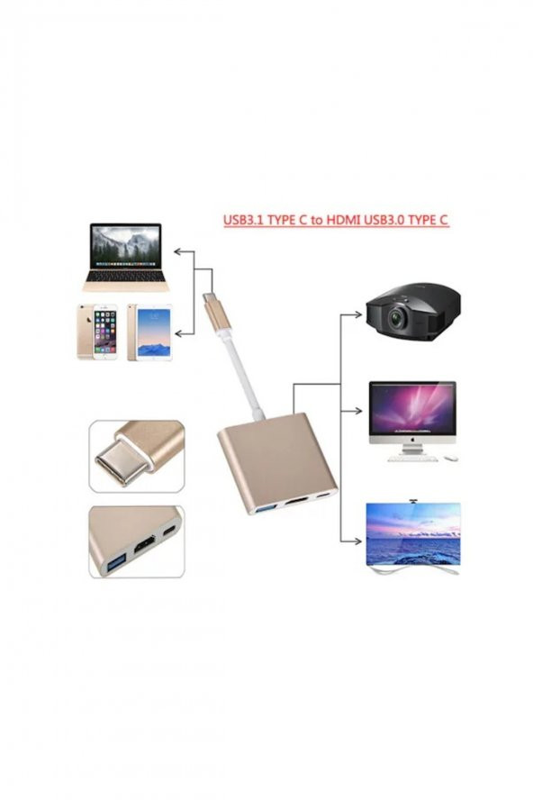 BASTORE Apple Macbook USB 3.1 Type-C to HDMI + USB 3.0 Çevirici Dönüştürücü Kablo Gold - 3
