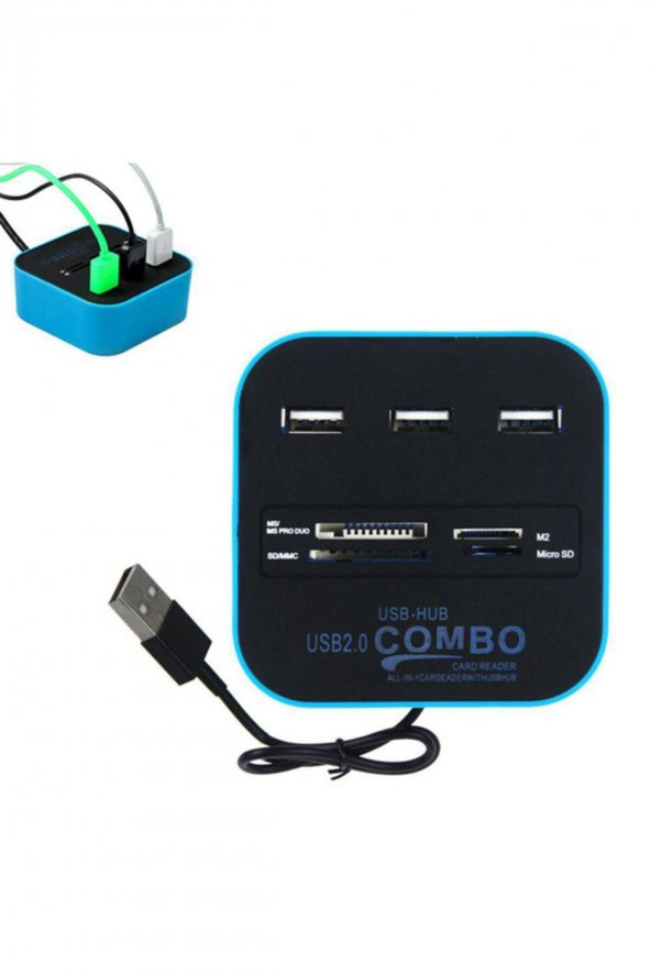 WOZLO 3 Port Usb 2.0 Hub - Usb Çoklayıcı + Usb Kart Okuyucu Mavi - 3