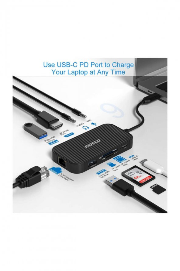 WOZLO Fıdeco Type C To 4k Hdmi - Usb 3.0 Hub, Gigabit Ethernet, Kart Okuyucu, Usb C, Mikrofon Kulaklık - Resim 3