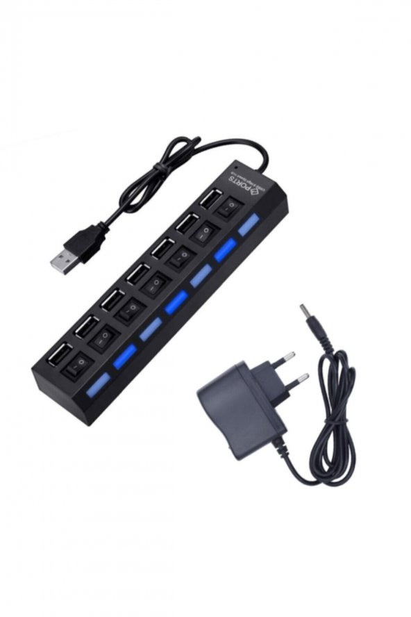 BASTORE 7 Port Usb Hub Çoklayıcı Çoğaltıcı Onoff Düğmeli Işıklı Adaptörlü