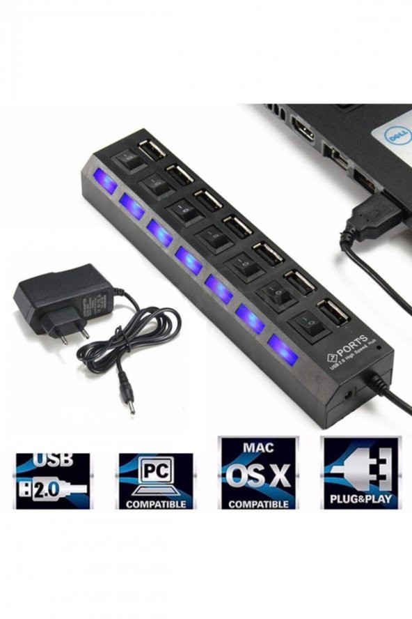 BASTORE 7 Port Usb Hub Çoklayıcı Çoğaltıcı Onoff Düğmeli Işıklı Adaptörlü - 2