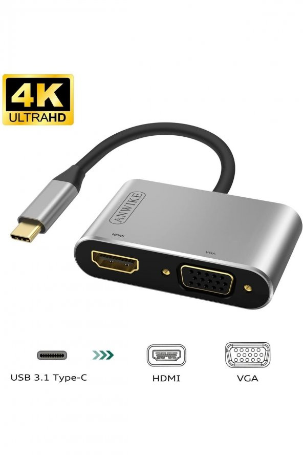 WOZLO Usb 3.1 (TYPE-C) To 4k Hdmı Vga Çevirici Adaptör Kablo Macbook