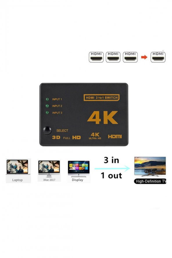 WOZLO 3 Port Hdmi Switch - 4k - Kumandalı - Ultra Hd - Versiyon:2021 - 3