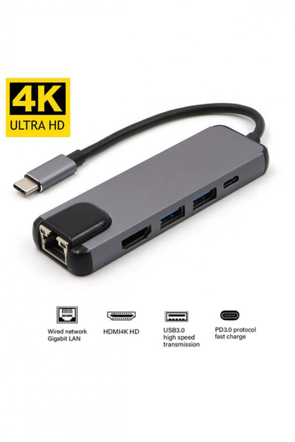 WOZLO Usb 3.1 Type Hdmı 4k30hz Kablo Çevirici + 2x Usb 3.0 + Gigabit Ethernet +pd 100w Uyumlu Dönüştürücü