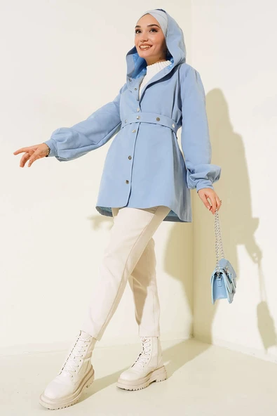 Kapşonlu Çıt Çıt Kısa Trenç Bebe Mavi - Resim 2