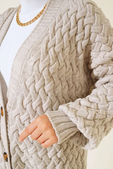 Boydan Düğmeli Sepet Örgü Uzun Hırka Taş - Resim 4