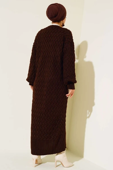 Boydan Düğmeli Sepet Örgü Uzun Hırka Kahve - Resim 3